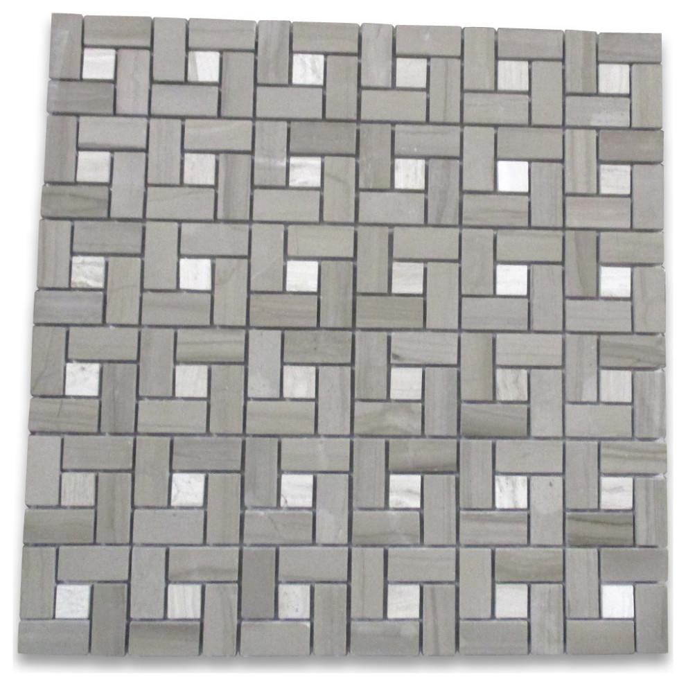 Pinwheel Athens Grey Wood Vein Marble Mosaic Tile Haisa Dark Polished, 1 sheet