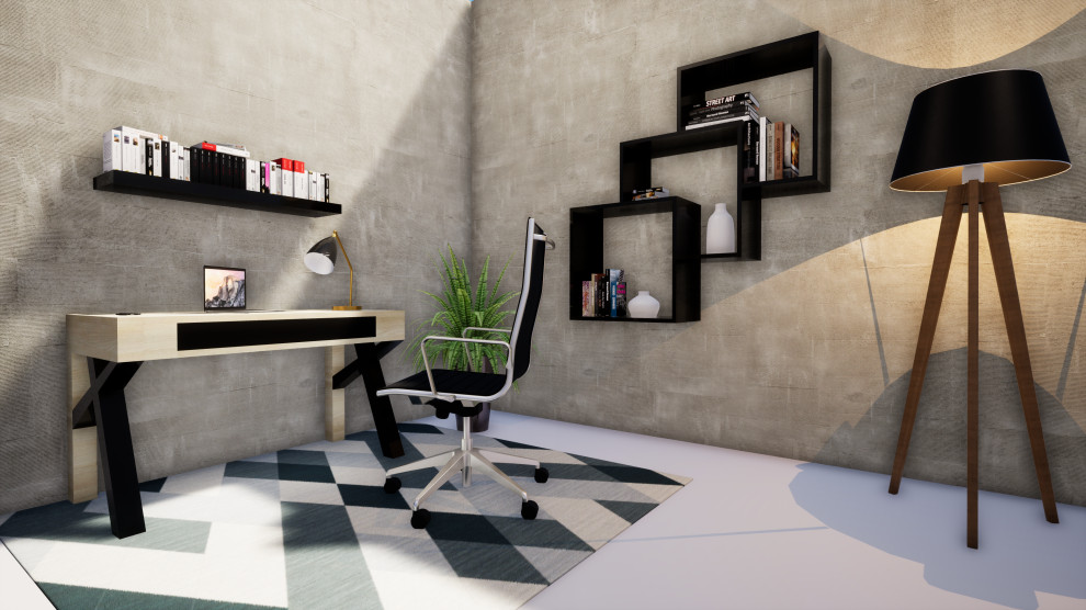 Идея дизайна: рабочее место среднего размера в стиле модернизм с отдельно стоящим рабочим столом