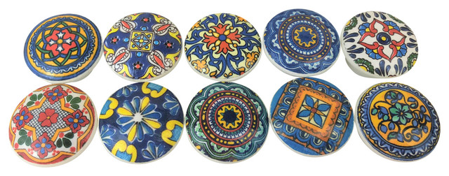 10 Piece Talavera Medallion Print Wood Cabinet Knobs Set Medallion Print Wood Cabinet Knobs