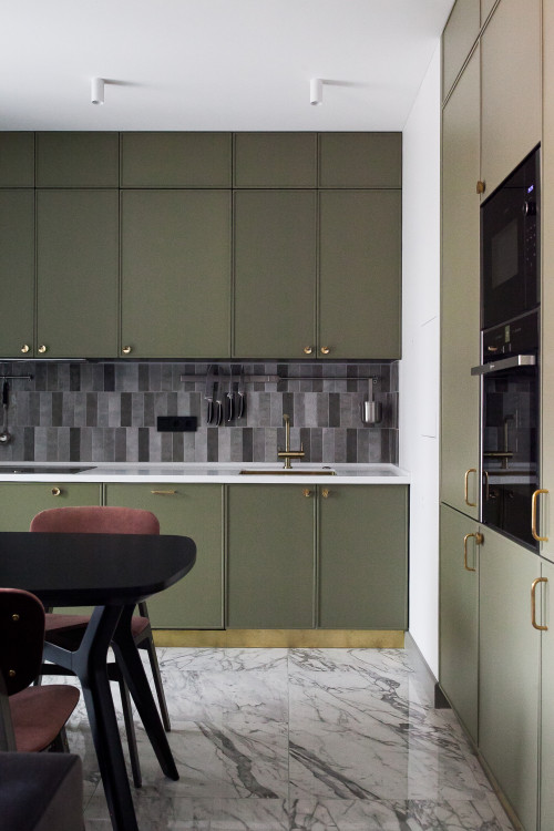 Bold Green Accents: Dark Green Cabinets and Gray Backsplash Tiles for Kitchen Sink