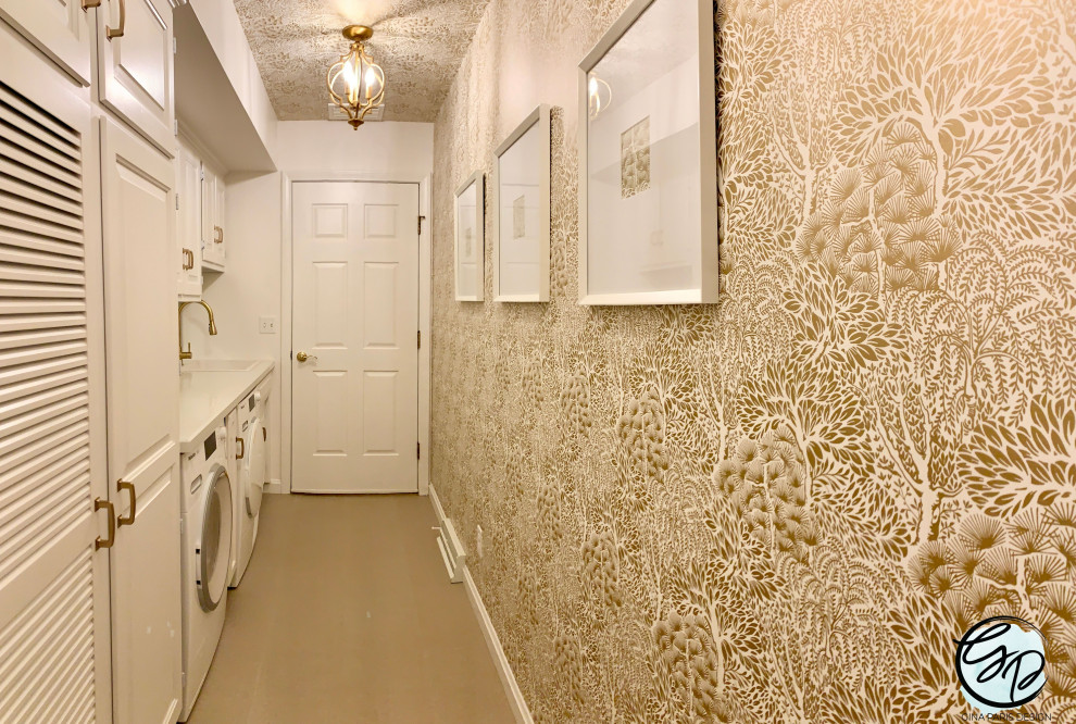 Small transitional galley laundry room in Other with a single-bowl sink, raised-panel cabinets, white cabinets, laminate benchtops, mirror splashback, white walls, ceramic floors, a side-by-side washer and dryer, beige floor, white benchtop and wallpaper.