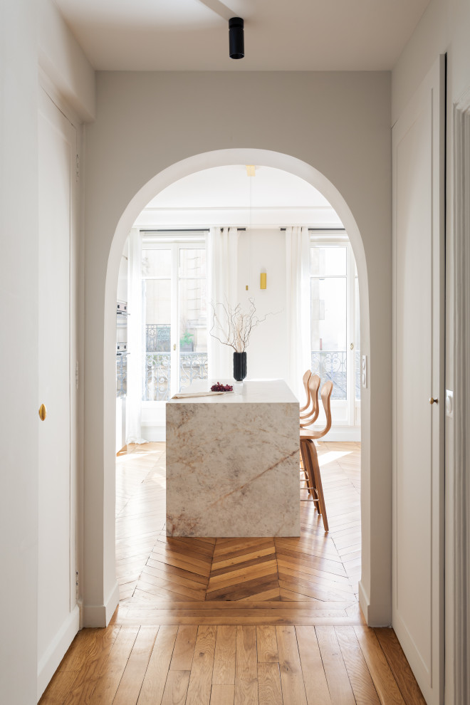 This is an example of a mid-sized scandinavian foyer in Paris with white walls, medium hardwood floors, a single front door and a white front door.