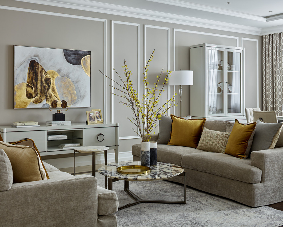 This is an example of a mid-sized transitional formal living room in Moscow with grey walls and recessed.