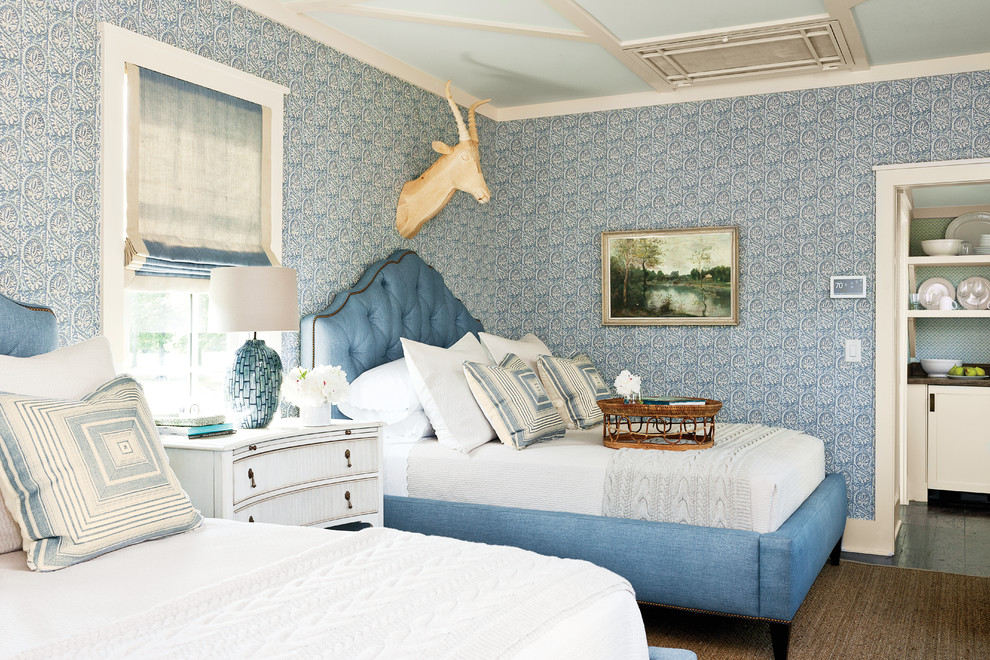 Bedroom - large farmhouse guest dark wood floor bedroom idea in Nashville with blue walls