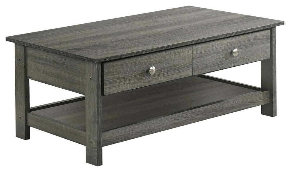 Gray Farmhouse Coffee Table with Two Drawers and Lower Shelf