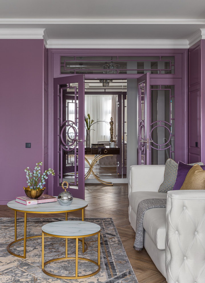 Esempio di un grande soggiorno aperto con sala formale, pareti multicolore, pavimento in vinile, parete attrezzata, pavimento marrone, soffitto ribassato e pannellatura