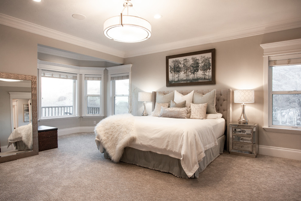 Mid-sized elegant carpeted and gray floor bedroom photo in Salt Lake City with gray walls