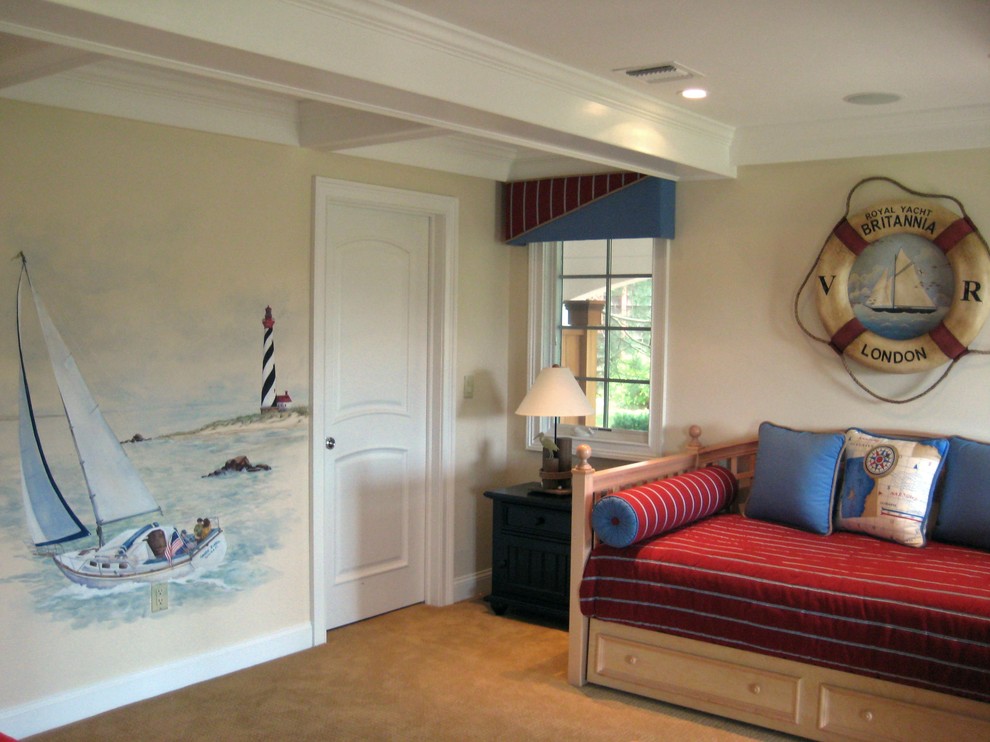 Inspiration for a mid-sized beach style guest bedroom in New York with beige walls, carpet, no fireplace and blue floor.