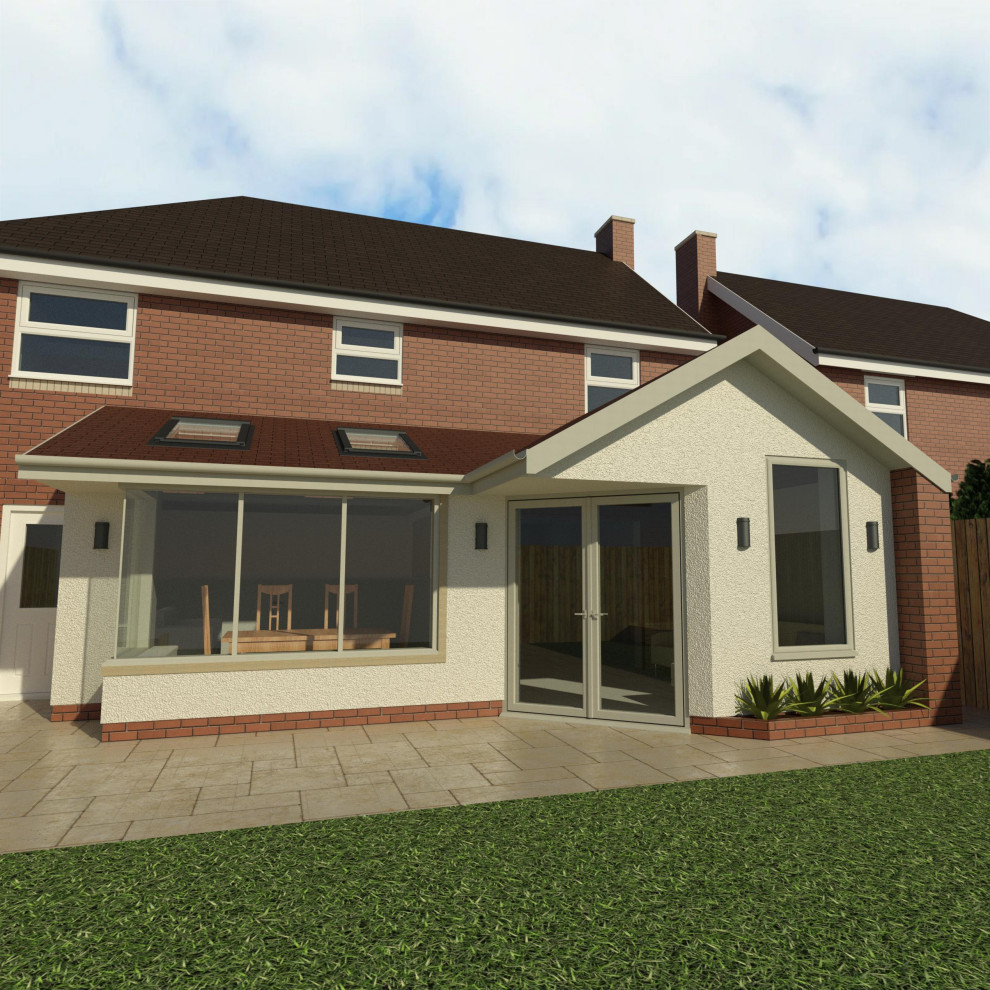 Photo of a small modern bungalow render and rear house exterior in Other with a pitched roof, a tiled roof and a red roof.