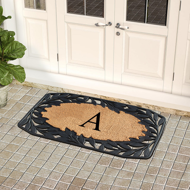 Rubber & Coir Stylish Leaf Border Durable Monogrammed Doormat, 23"X38