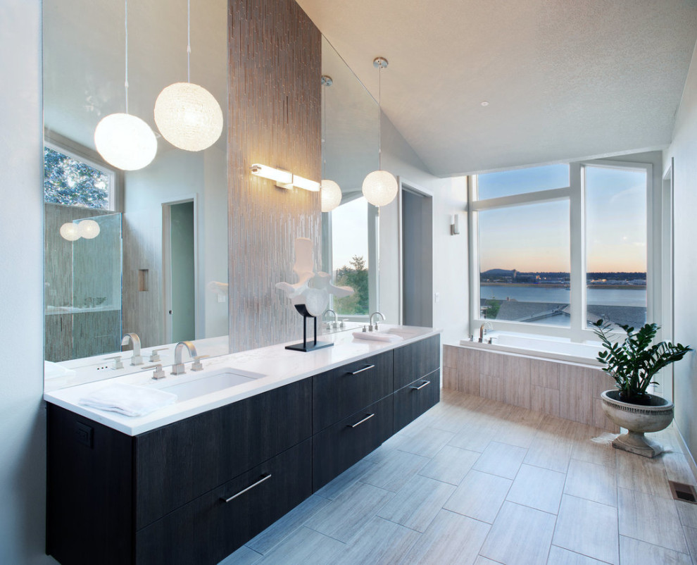 Large contemporary master bathroom in Los Angeles with flat-panel cabinets, black cabinets, an alcove tub, a two-piece toilet, beige tile, matchstick tile, beige walls, porcelain floors, an undermount sink, engineered quartz benchtops, white floor, white benchtops, a double vanity, a floating vanity and vaulted.