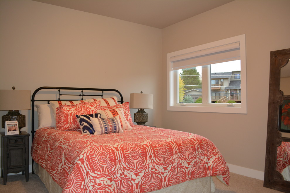 Mid-sized transitional guest bedroom in Other with beige walls, carpet and no fireplace.
