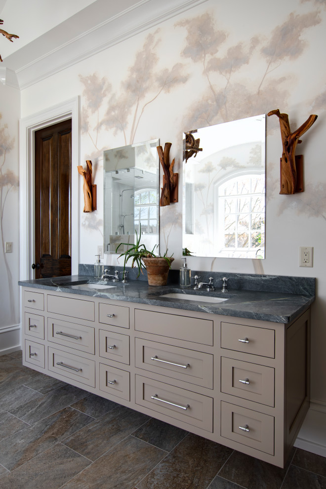 Huge transitional master white tile and ceramic tile porcelain tile, multicolored floor, double-sink, vaulted ceiling and wallpaper freestanding bathtub photo in Nashville with beaded inset cabinets, dark wood cabinets, a one-piece toilet, white walls, an undermount sink, soapstone countertops, a hinged shower door, black countertops and a floating vanity