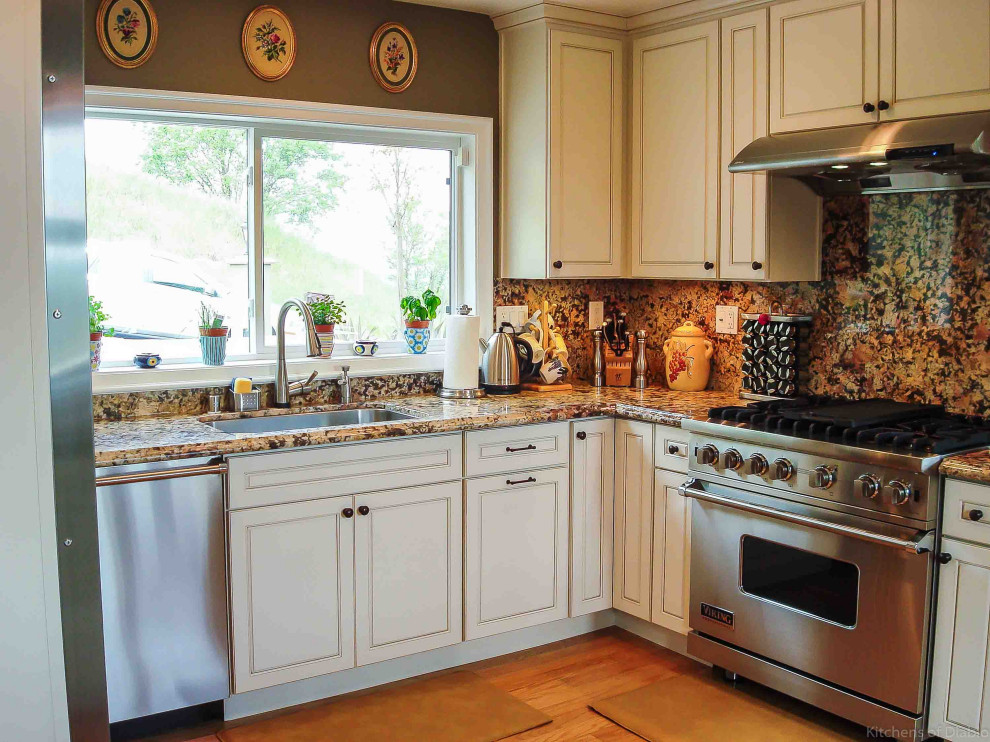 Enclosed kitchen - mid-sized transitional u-shaped light wood floor and beige floor enclosed kitchen idea in San Francisco with an undermount sink, recessed-panel cabinets, white cabinets, granite countertops, beige backsplash, stone slab backsplash, stainless steel appliances, no island and beige countertops
