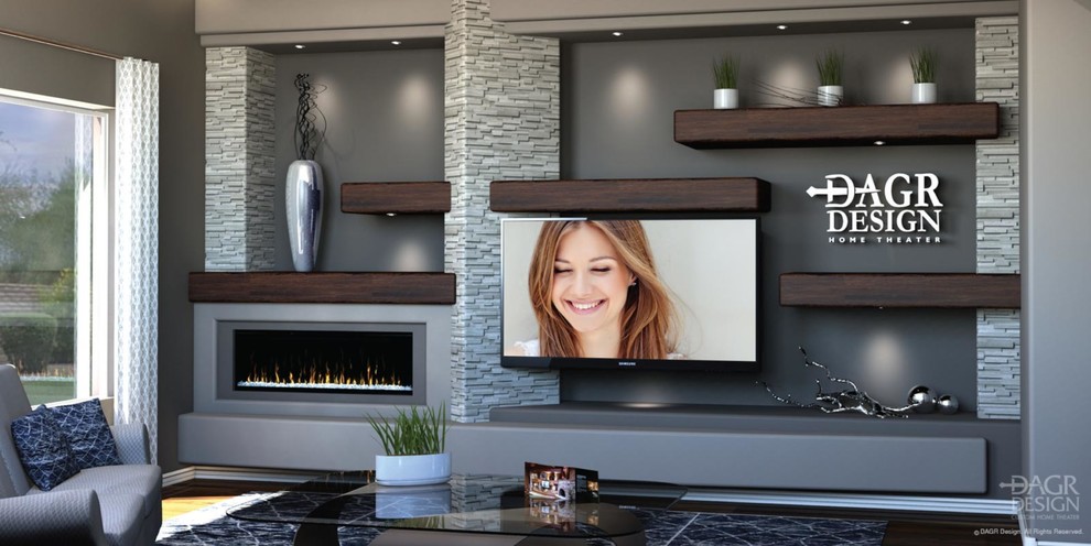 This is an example of a mid-sized modern open concept living room in Phoenix with grey walls, medium hardwood floors, a ribbon fireplace, a concrete fireplace surround, a wall-mounted tv and brown floor.