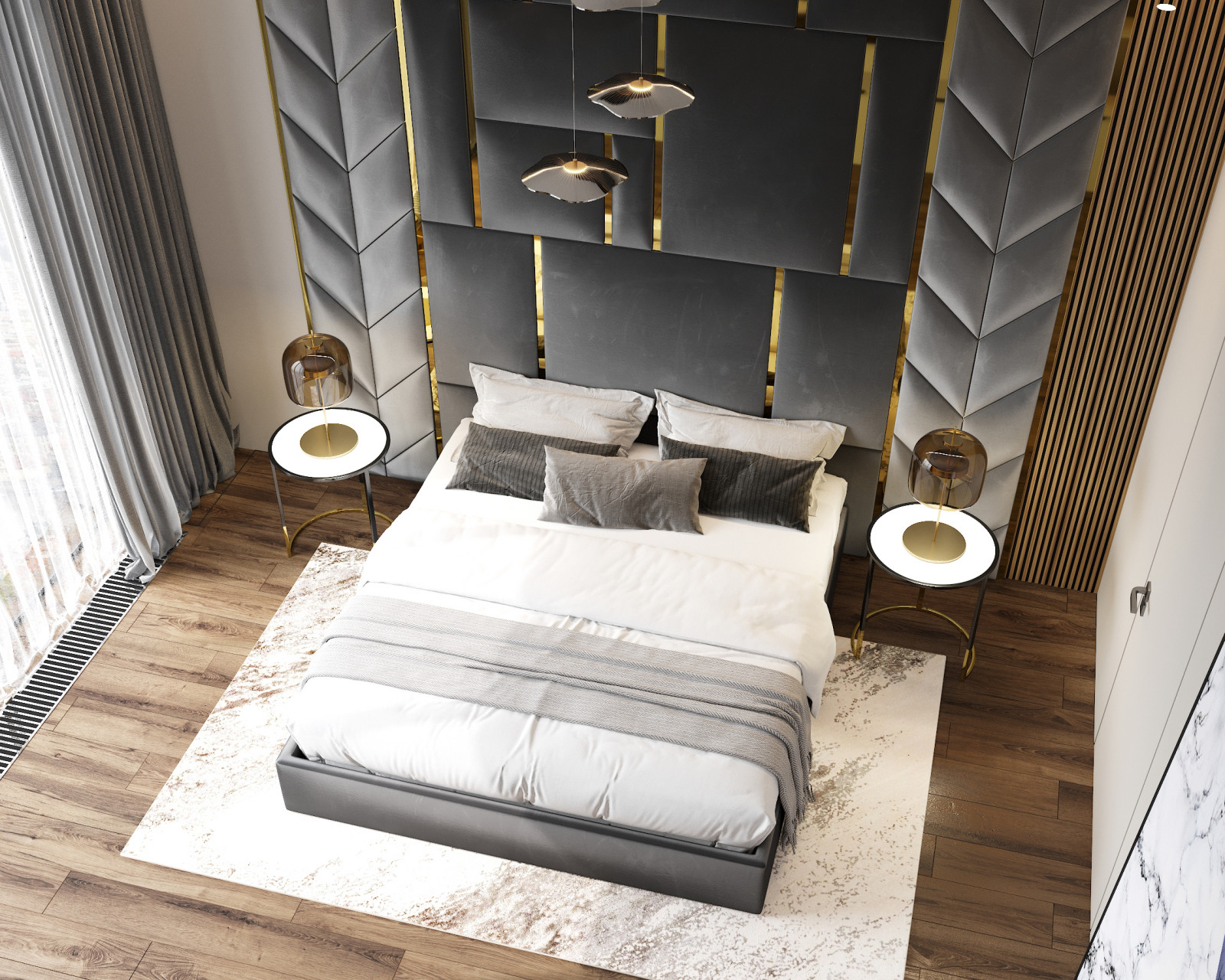 Мягкая панель в сочетании золотыми вставками