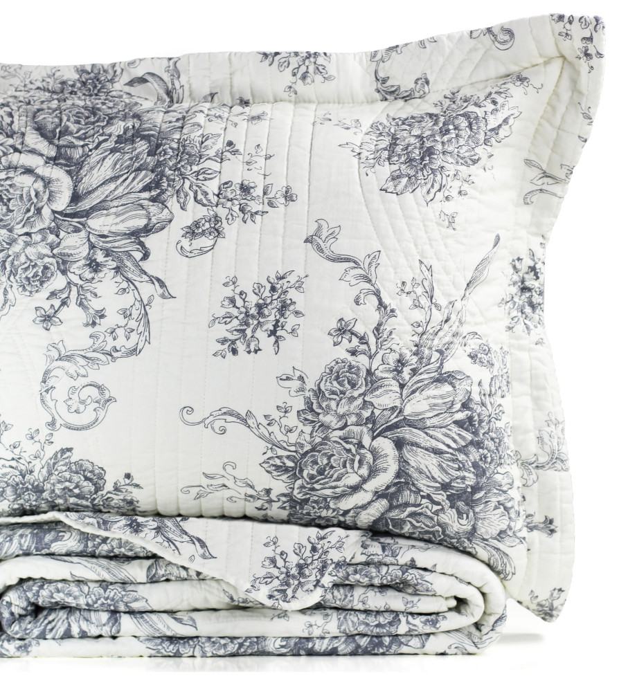 Toile Cotton Reversible Gray Quilt Set French Country Quilts And