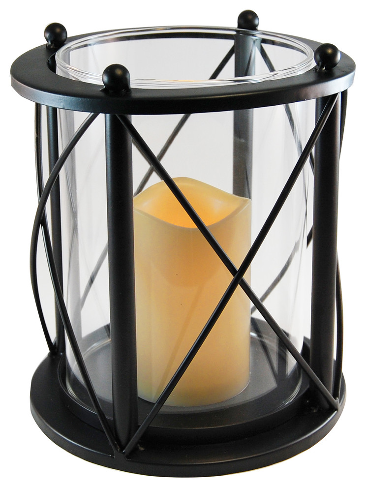 Round Criss Cross Metal Lantern with LED Candle, Black