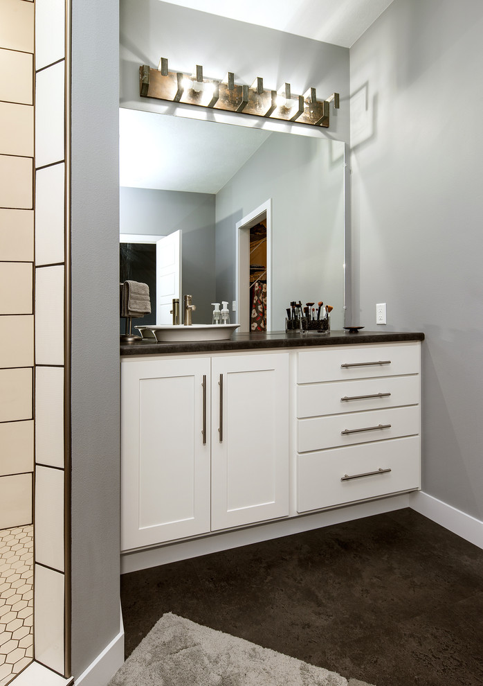 This is an example of a mid-sized modern 3/4 bathroom in DC Metro with shaker cabinets, white cabinets, an alcove shower, yellow tile, ceramic tile, grey walls, concrete floors, a vessel sink, concrete benchtops, grey floor and an open shower.