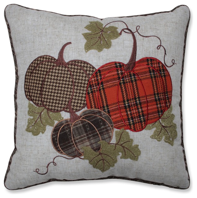 Harvest Plaid Pumpkins Applique Throw Pillow Multicolored