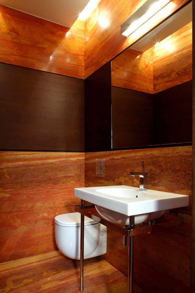 Contemporary powder room in Other with a console sink and a wall-mount toilet.