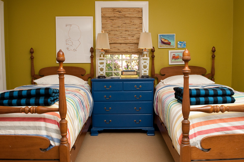 Photo of a traditional kids' bedroom in Boston with green walls and carpet.
