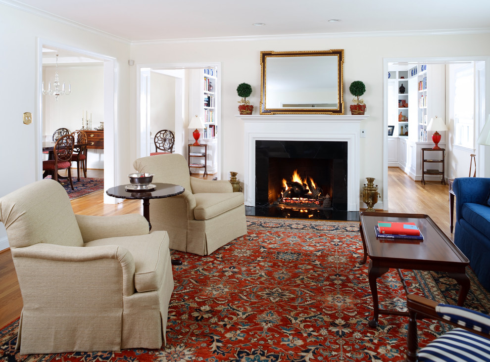 Traditional living room in DC Metro with a standard fireplace.