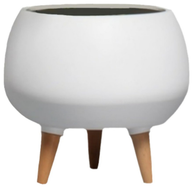 Serene Spaces Living Matte White Ceramic Planter with Wooden Legs, 9" H & 10" D