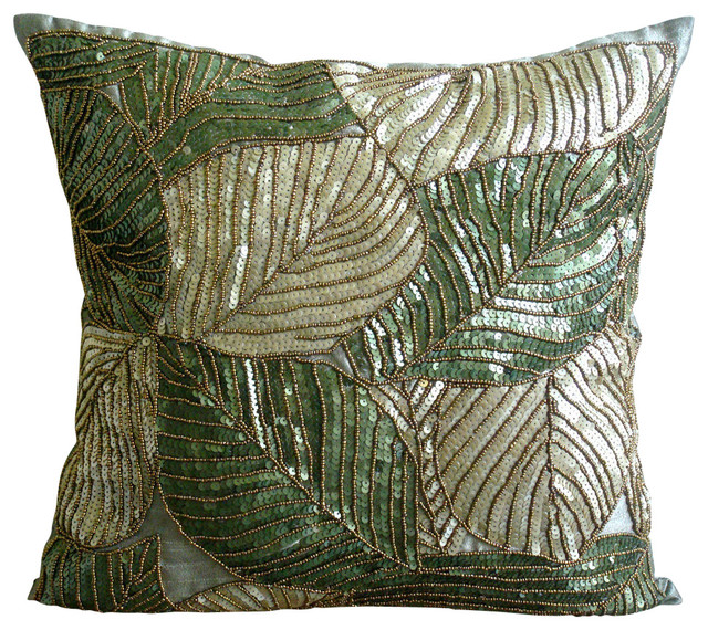 Green Sequins And Beaded Silk Pillows Cover Green Camoflague