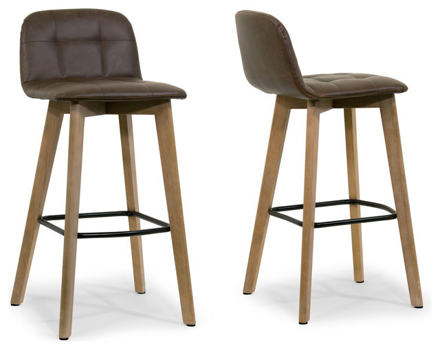 Aggie Dark Brown Faux Leather Retro Modern Bar Stools With Oak Legs Aggie Dark Brown Faux Leather Retro Modern Bar Stools With Oak Legs Set Of 2