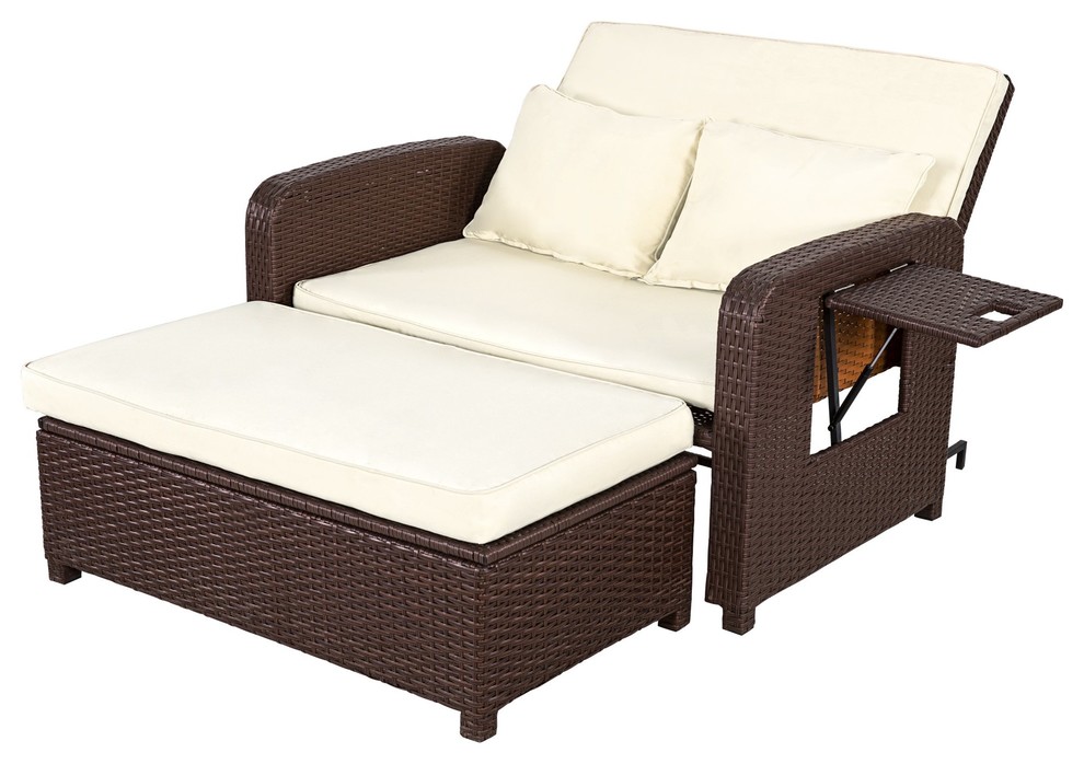 2 Piece Patio Outdoor Wicker Rattan Love Seat Sofa Daybed Set with Ottoman