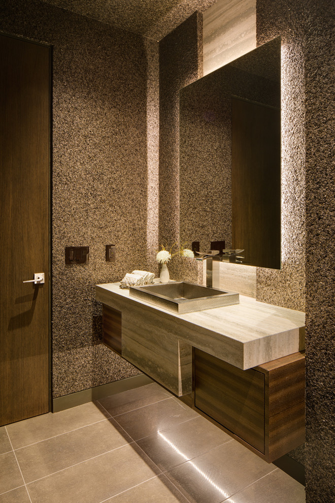 Contemporary powder room in San Diego with flat-panel cabinets, brown cabinets, brown walls and grey floor.
