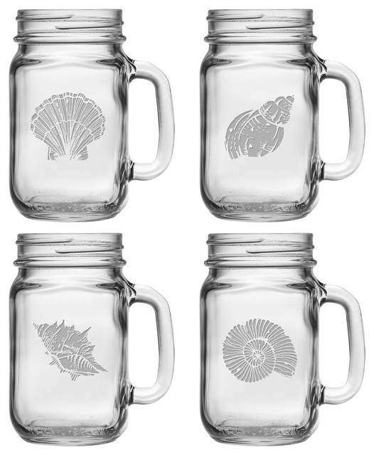Distressed Seashells 4Piece Handled Drinking Jar Set Beach Style