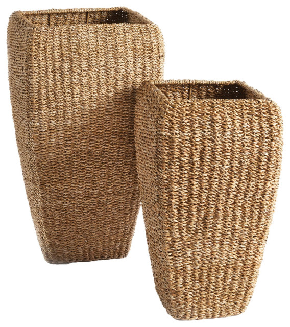 Elegant Tall Tapered Square Planters Set of 2 Woven Seagrass Baskets