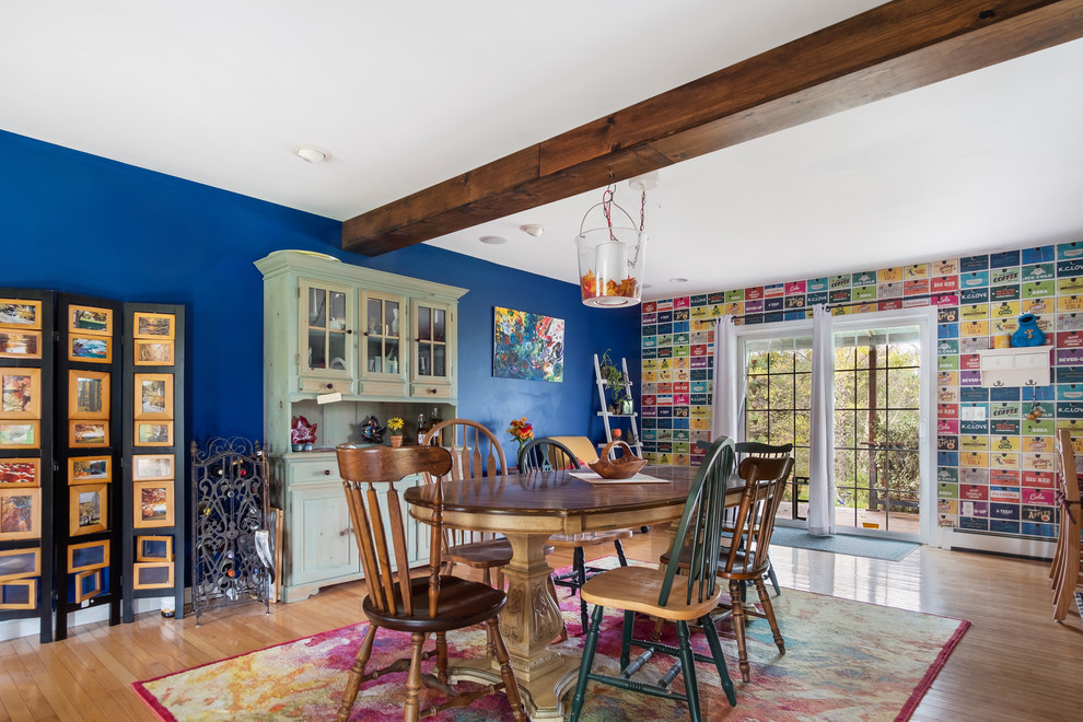 Inspiration for an eclectic dining room in Bridgeport with multi-coloured walls, medium hardwood floors and brown floor.