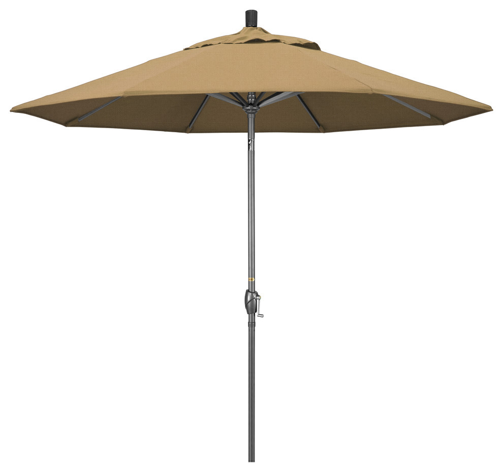 9' Grey Push-Button Tilt Crank Lift Aluminum Umbrella, Olefin, Straw