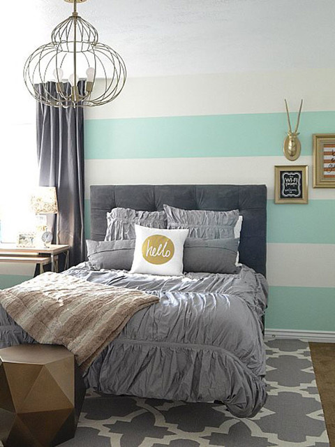 An Aqua Gold  and Gray  Guest Bedroom  Transitional 