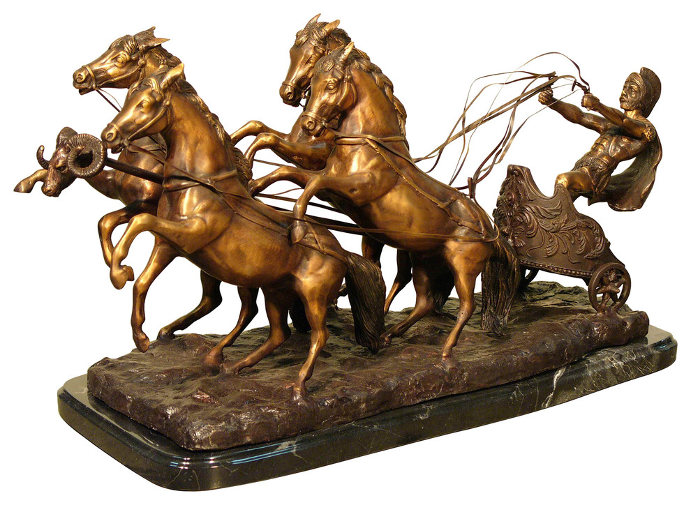 Roman Gladiator With Horses Bronze Sculpture
