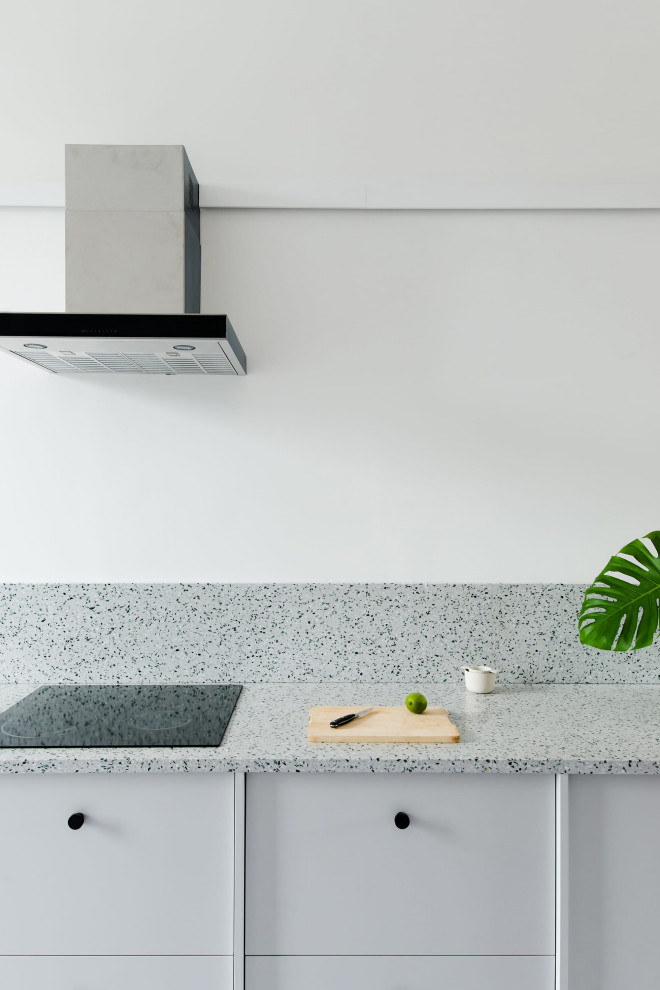 Large contemporary galley kitchen/diner in London with a built-in sink, flat-panel cabinets, grey cabinets, terrazzo worktops, black appliances, no island and a vaulted ceiling.