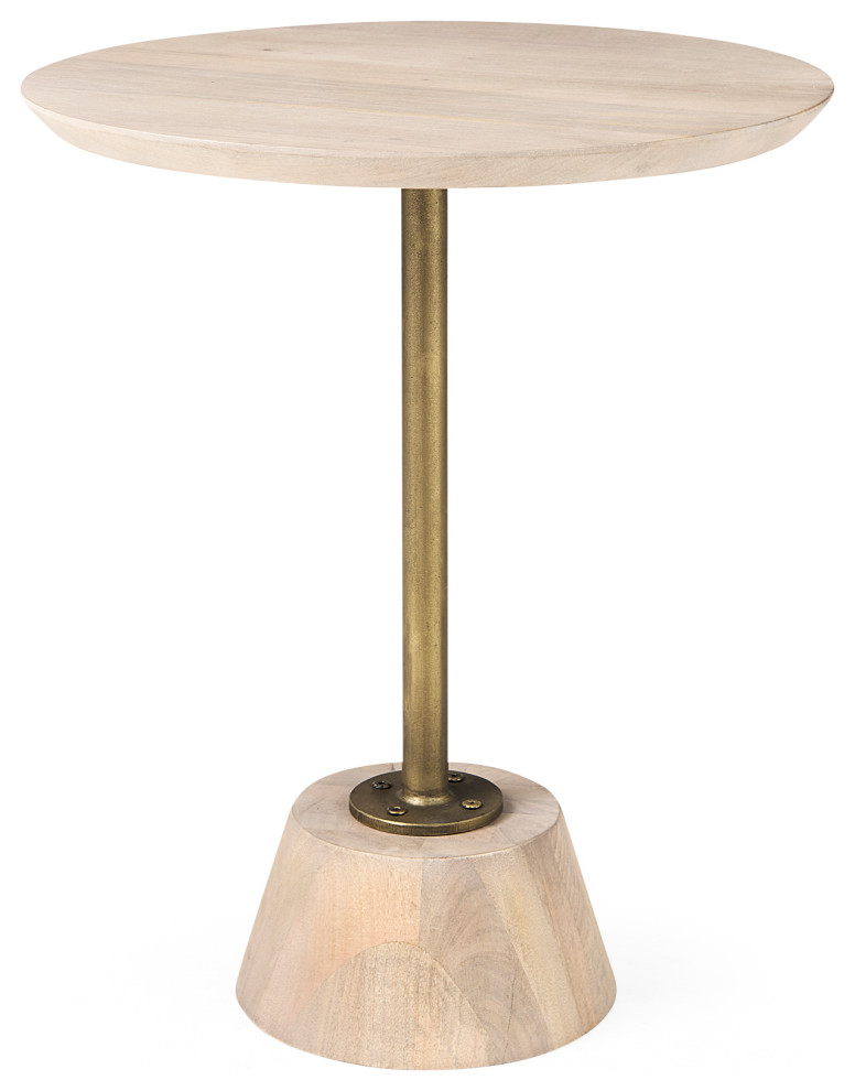 Maxwell 20 Round Light Brown Wood W Gold Metal Pedestal Side Table