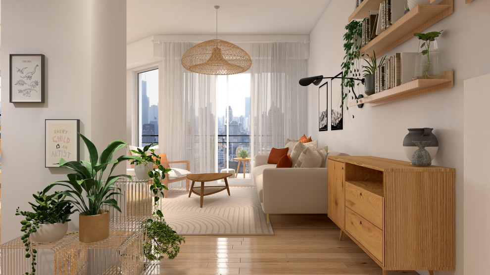 Diseño de sala de estar cerrada nórdica pequeña sin chimenea y televisor con paredes blancas, suelo de madera clara, suelo marrón y casetón