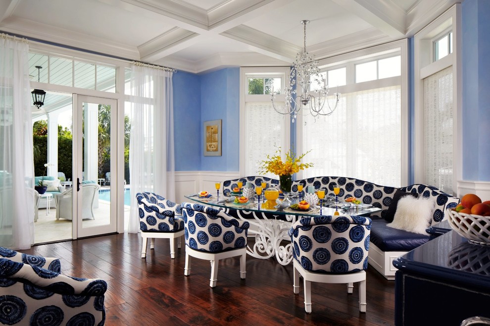 Photo of a beach style dining room in Miami with blue walls and dark hardwood floors.