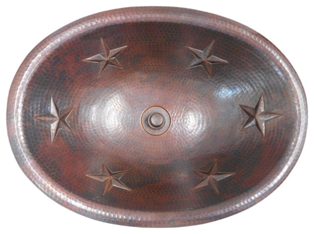 19" Oval Copper Bath Sink Rustic Stars Design Lift & Turn Drain Included