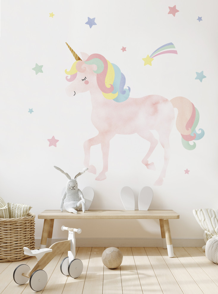 Watercolor Twinkling Unicorn with Stars Vinyl Wall Sticker, Large
