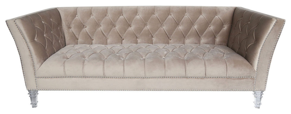 Coquette Oyster Tufted Velvet Sofa With Clear Acrylic Legs and Polished Metal