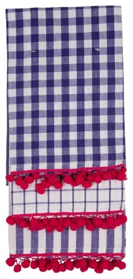 Tea Towels in Assorted Blue Stripes and Checks with Pom Pom Edge