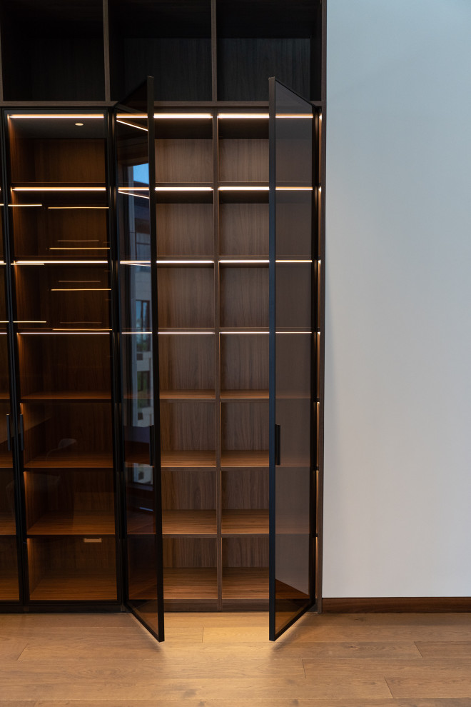 Гардеробная комната с распашными стеклянными RPE фасадами