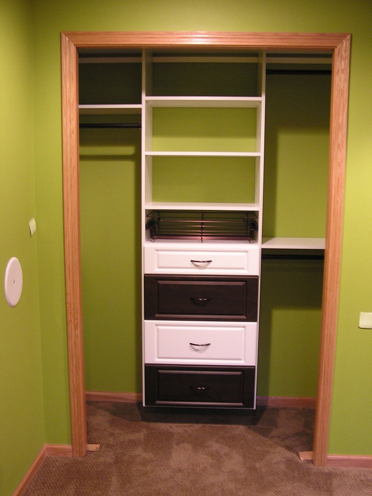 This is an example of a small traditional gender-neutral built-in wardrobe in Other with raised-panel cabinets, white cabinets and carpet.