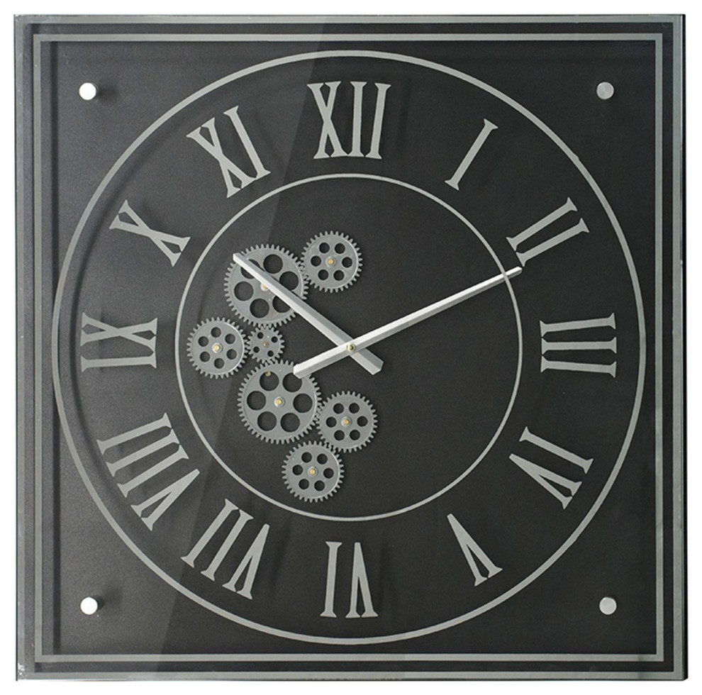 Vintage Style Gears Black and Silver Square Wall Clock Contemporary