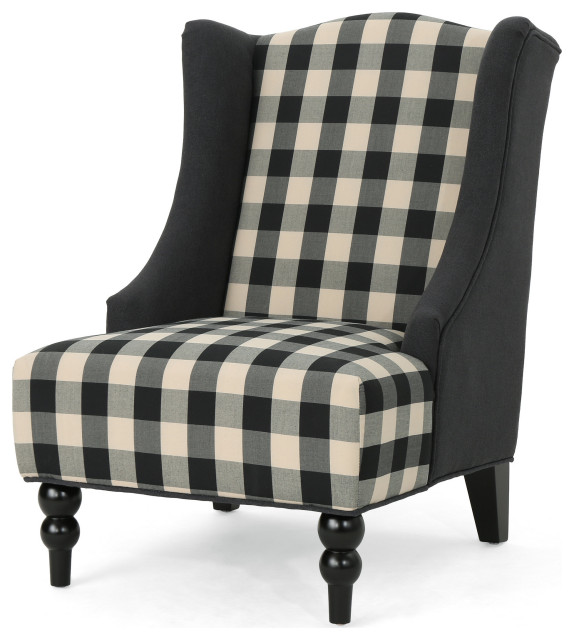 GDF Studio Alonso Contemporary Wingback Fabric Club Chair, Black Checkerboard/Dark Charcoal/Dark Brown